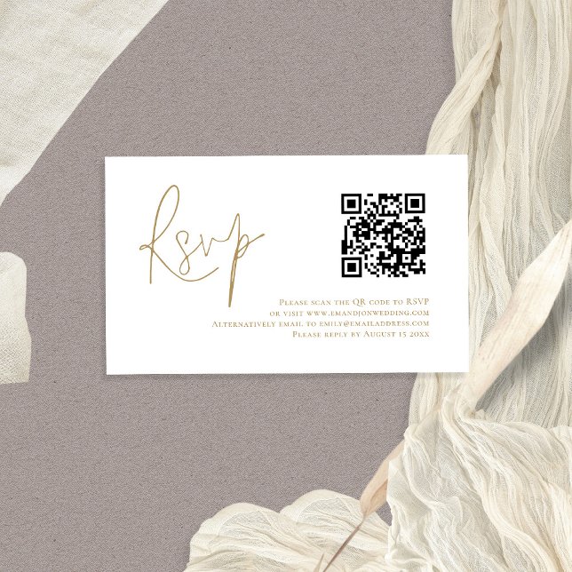 Gold Script QR Code Wedding RSVP Begleitkarte (Elegant small RSVP 3.5 x 2" enclosure with QR code. Part of a matching wedding suite)