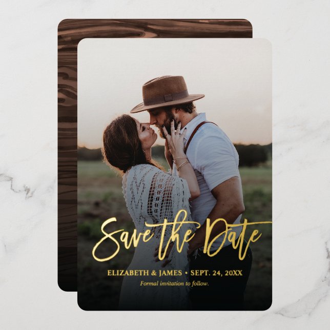 Gold Script Rustic Save the Date Hochzeit Folieneinladung (Vorderseite/Rückseite)