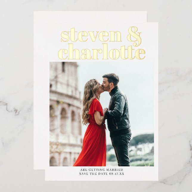 Gold script save the date wedding photo folieneinladung (Vorderseite/Rückseite)