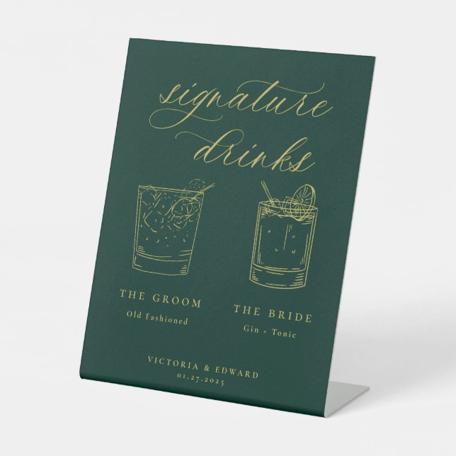 Gold Script Signature Drinks Emerald Wedding Sockelschild (Vorderseite)