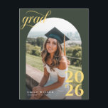 Gold Script Simple Arch Photo Graduation Thank You Postkarte<br><div class="desc">Share a heartfelt thank you after graduation with this elegant photo thank you postcard featuring a bold arch portrait and graceful gold script. Designed for a high school class of celebration, this modern thank you layout keeps your graduate photo front and center in a simple yet stylish way. Personalize your...</div>