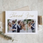 Gold Script Three Foto Collage Wedding Dankeskarte<br><div class="desc">Gold Script Three Foto Collage Wedding Dankeschön Karte | Danke an Familie und Freunde,  dass sie Teil Ihres besonderen Tages mit dieser anpassbaren Foto Collage Dankeschön Karte. Es zeichnet sich durch goldfarbene Schrift und einfache Typografie aus. Personalisiert,  indem Sie Ihre eigenen Details hinzufügen und Ihre Lieblings-Hochzeitsfeiern Fotos.</div>