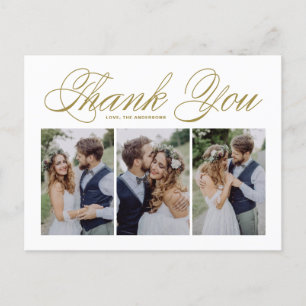 Gold Script Three Foto Collage Wedding Vielen Dank Postkarte