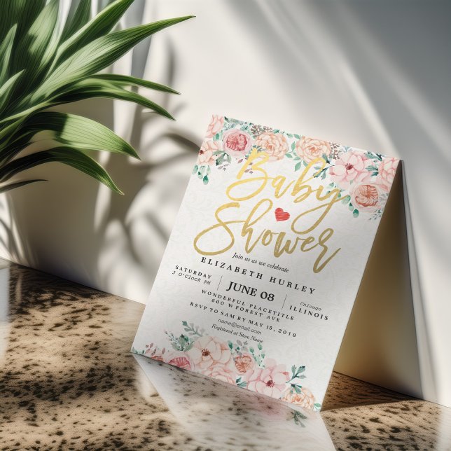 Gold Script & Watercolor Floral Baby Dusche laden  Einladung (Von Creator hochgeladen)