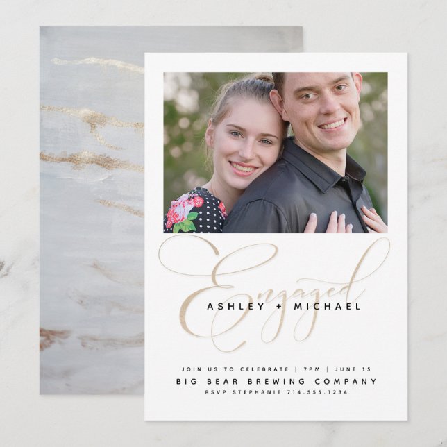 Gold Script Watercolor Foto Engagement Party Einladung (Vorne/Hinten)