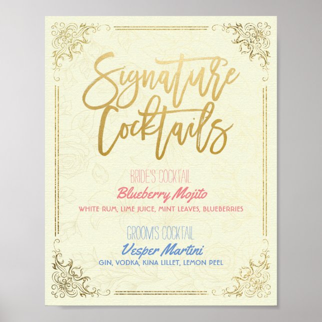 Gold Script Wedding Signature Cocktail Drink Menü Poster (Vorne)
