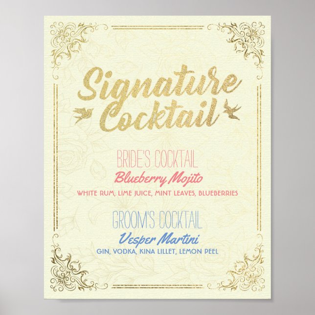 Gold Script Wedding Signature Cocktail Drink Menü Poster (Vorne)