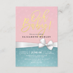 Gold Script White Ribbon Blue Pink Baby Dusche Einladung