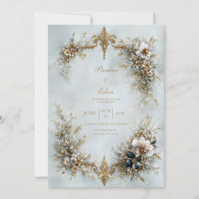 Gold Scroll Frame White Floral Dusty Blue Wedding Einladung (Vorderseite)