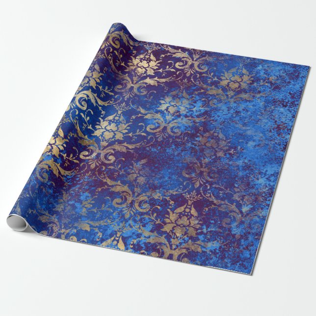 Gold Scroll Work Blume auf Blue Geschenkpapier (Ungerollt)
