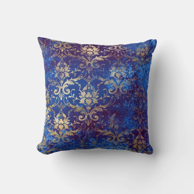 Gold Scroll Work Blume auf Blue Kissen (Vorderseite)