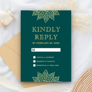 Gold Sea Green Mehendi Henna Indische Hochzeit RSVP Karte