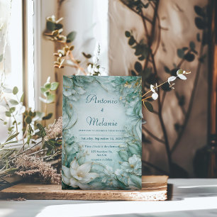 Gold Seafoam Grün Weiße Florale Winterhochzeit Einladung