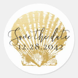Gold Seashell Beach Wedding Save the Date Runder Aufkleber