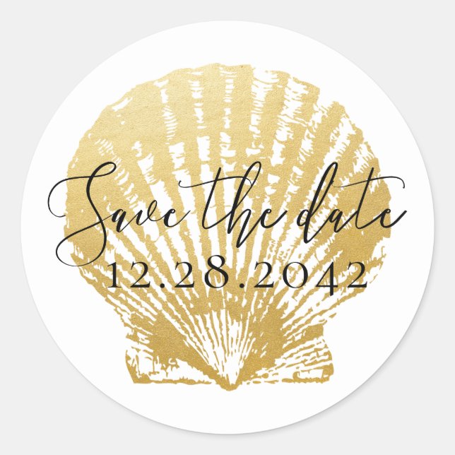 Gold Seashell Beach Wedding Save the Date Runder Aufkleber (Vorderseite)