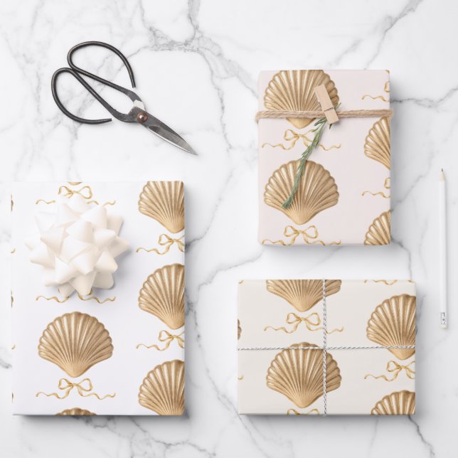 Gold Seashell mit Coquette Bow Weihnachtsgeschenk Geschenkpapier Set (Vorderseite)