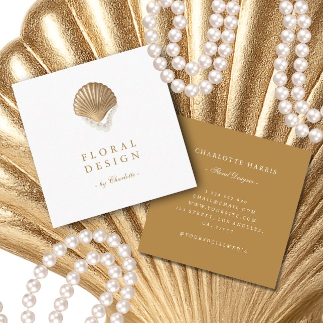 Gold Seashell & Pearls Coastal Chic Any Profession Quadratische Visitenkarte (Von Creator hochgeladen)