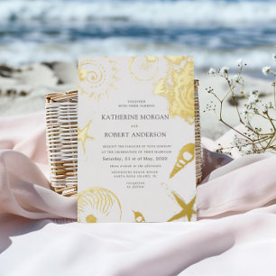 Gold Seashells Elegante Hochzeitsreise Folieneinladung