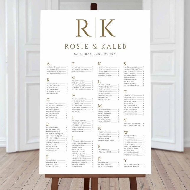 Gold Seating Chart mit Bride & Groom Initialen Poster (Von Creator hochgeladen)