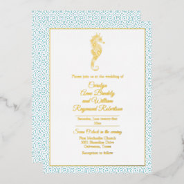 Gold Seepferd mit Aqua Frame Wedding Folieneinladung