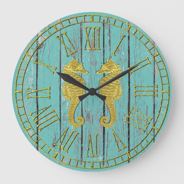 Gold Seepferde Ihr Farbgewittertes Holz Große Wanduhr (Vorderseite)