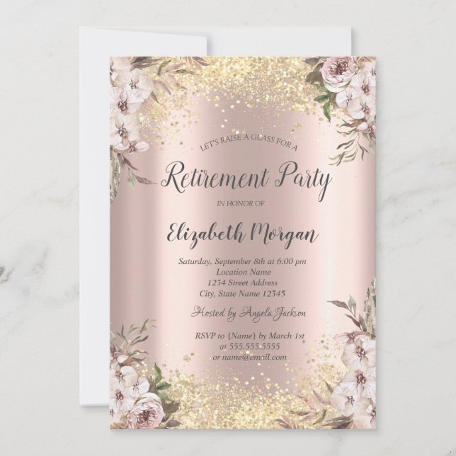 Gold Sequents Border Boho Blume Retirement Einladung (Vorderseite)