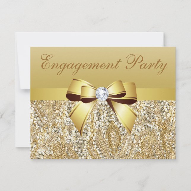 Gold Sequenzen, Bow & Diamond Engagement Party Einladung (Vorderseite)