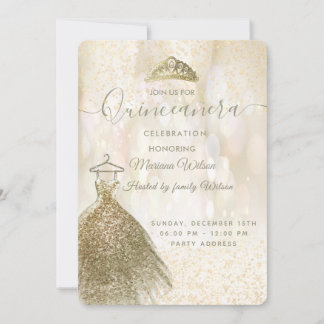 Gold Sequenzen Kleid bokeh tiara Quinceañera Einladung