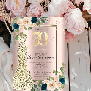 Gold-Sequin-Kleid,blaue Rose Gold 50. Geburtstag  Einladung