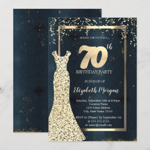 Gold-Sequin-Kleid dunkel, Rahmen, Blau 70. Geburts Einladung