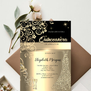 Gold-Sequin-Kleid Glas-Blumen-Quinceanera Einladung