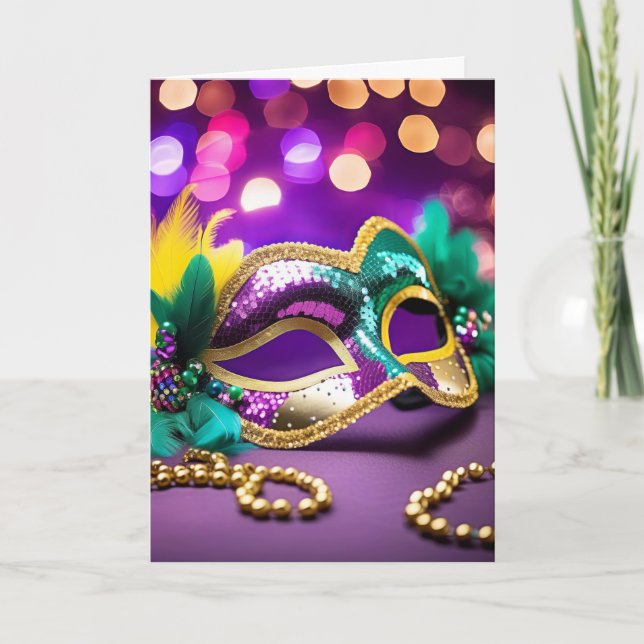 Gold Sequin Mardi Gras Mask Birthday Karte (Vorderseite)