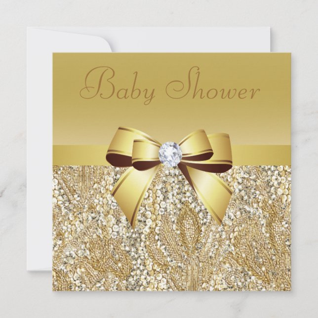 Gold Sequins, Bow & Diamond Baby Dusche Einladung (Vorderseite)