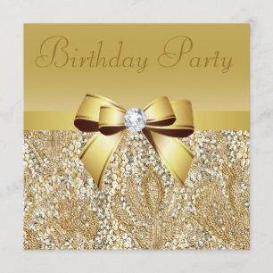 Gold Sequins, Bow & Diamond Geburtstagsparty Einladung