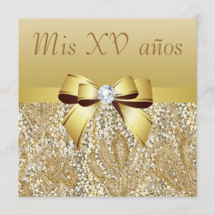 Gold Sequins, Bow & Diamond Quinceanera Einladung