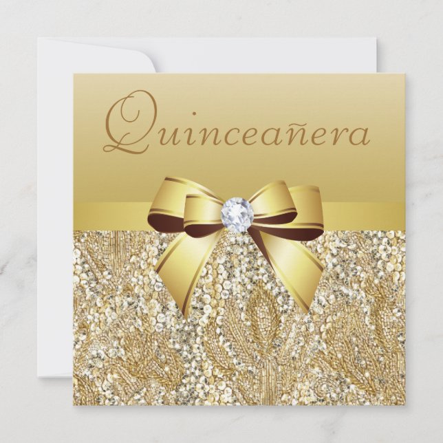 Gold Sequins, Bow & Diamond Quinceanera Einladung (Vorderseite)
