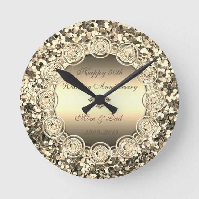 Gold Sequins Diamonds 50th Wedding Anniversary Runde Wanduhr (Vorderseite)