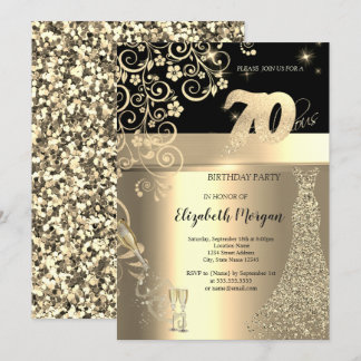 Gold Sequins Dress Glass Blume 70. Geburtstag Einladung