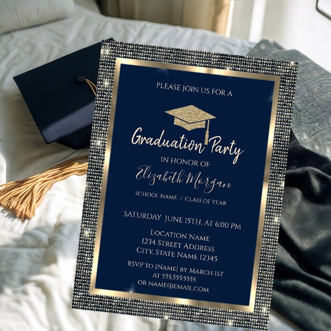 Gold Sequins Graduation Cap Navy Blue Abschluss Einladung (Von Creator hochgeladen)