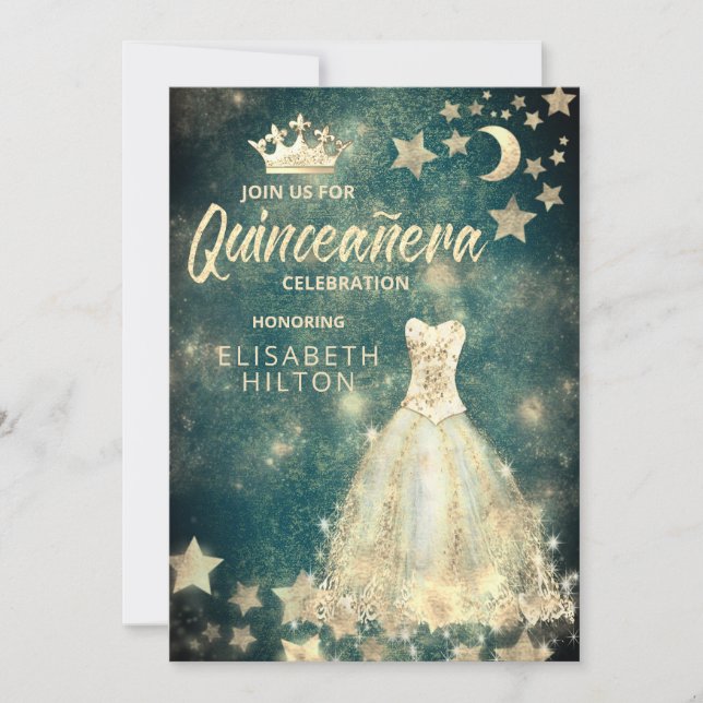Gold Sequins Kleid Moon Stars Quinceañera grün Einladung (Vorderseite)