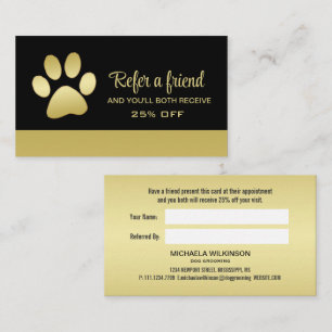 Gold Shiny Dog Paw auf Black Pet Grooming Service Empfehlungskarte