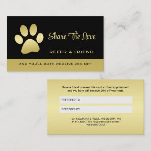 Gold Shiny Dog Paw auf Black Pet Grooming Service Empfehlungskarte