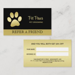 Gold Shiny Dog Paw auf Black Pet Grooming Service Empfehlungskarte