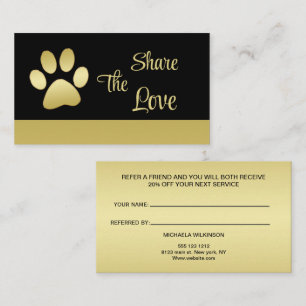 Gold Shiny Dog Paw auf Black Pet Grooming Service Empfehlungskarte