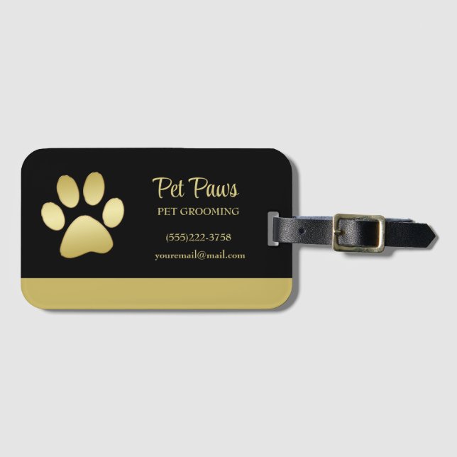 Gold Shiny Dog Paw auf Black Pet Grooming Service Gepäckanhänger (Vorderseite (Horizontal))