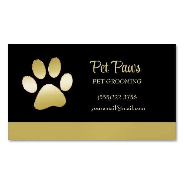 Gold Shiny Dog Paw auf Black Pet Grooming Service Magnetische Visitenkarte (Vorderseite)