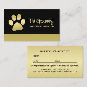 Gold Shiny Dog Paw auf Black Pet Grooming Service Terminkarte