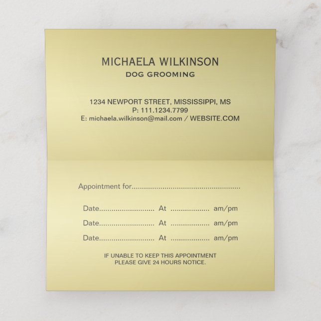 Gold Shiny Dog Paw auf Black Pet Grooming Service Terminkarte (Innenseite Aufgefaltet)