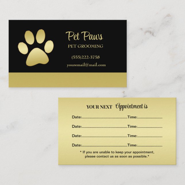 Gold Shiny Dog Paw auf Black Pet Grooming Service Terminkarte (Vorne/Hinten)