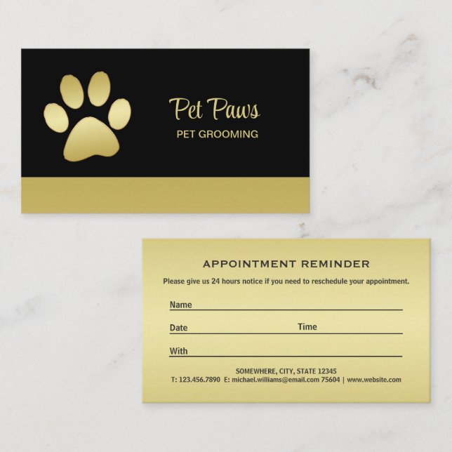 Gold Shiny Dog Paw auf Black Pet Grooming Service Terminkarte (Vorne/Hinten)